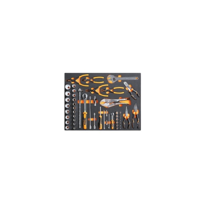 MB37 Termoformado de espuma con llave inglesa, alicates, vasos hexagonales y accesorios de 1/4, y 1/2,