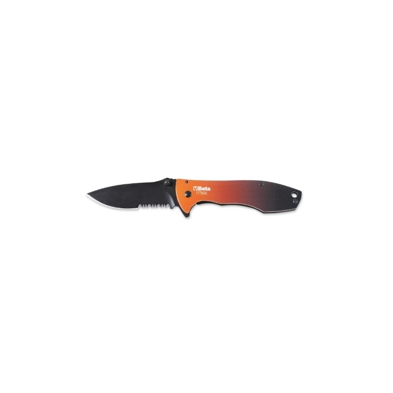 1778AX Navaja dentada de acero inoxidable, mango de aluminio, de fácil apertura, en funda