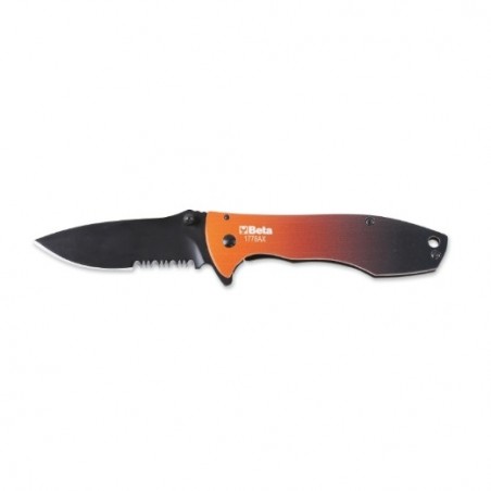 1778AX Navaja dentada de acero inoxidable, mango de aluminio, de fácil apertura, en funda