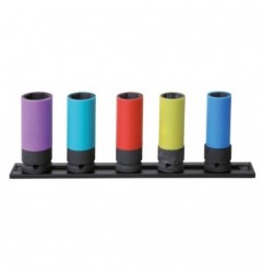 720LC/PM5 Juego de 5 vasos de impacto de 1/2, hexagonales largos con protección plásticas para tuercas de ruedas, de colores