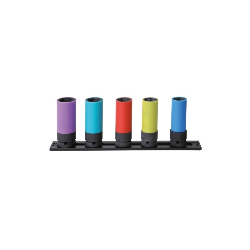 720LC/PM5 Juego de 5 vasos de impacto de 1/2, hexagonales largos con protección plásticas para tuercas de ruedas, de colores