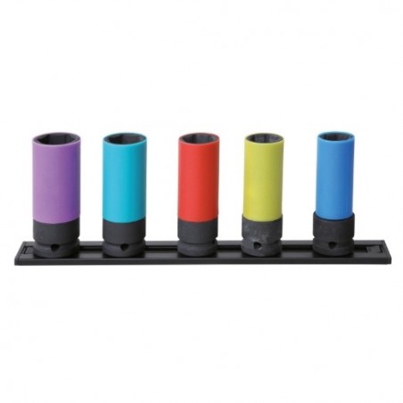 720LC/PM5 Juego de 5 vasos de impacto de 1/2, hexagonales largos con protección plásticas para tuercas de ruedas, de colores