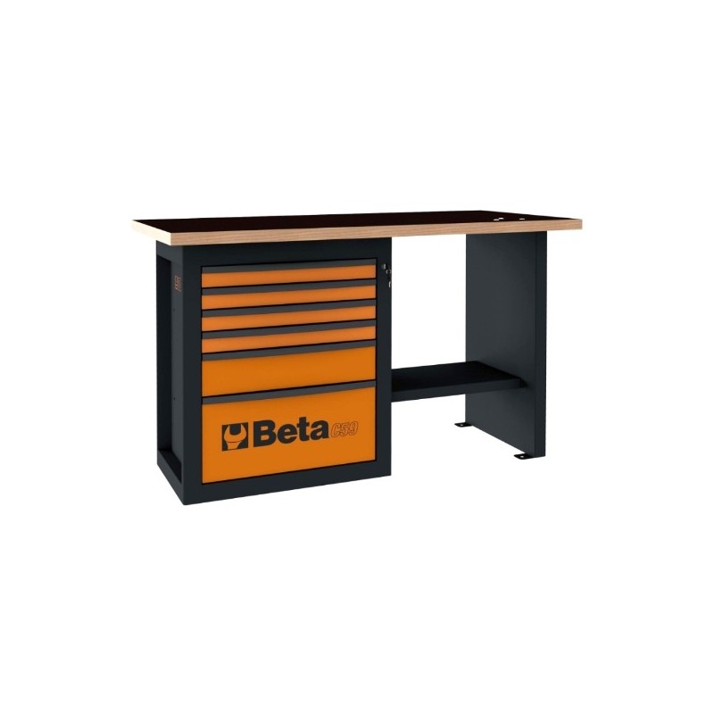 C59C-O Banco de trabajo con 1 cajonera de 6 cajones, modelo corto, naranja