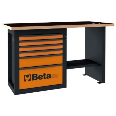 C59C-R Banco de trabajo con 1 cajonera de 6 cajones, modelo corto, rojo