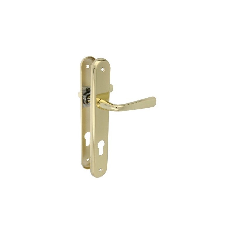 AMIG 11862  
 Manilla con placa 252PB85  
 250 x 40 mm  
 Acero  
 Latonado barnizado