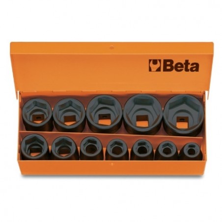 720/C12 Juego de 12 vasos de impacto de 1/2&quot, hexagonales, en caja de chapa