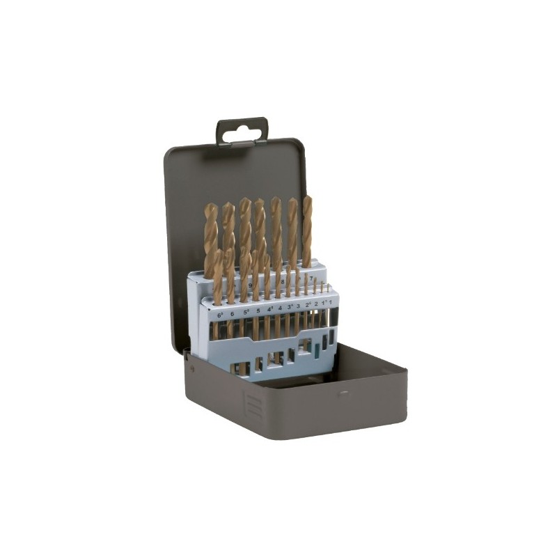 AMIG 13890  
 Estuche brocas HSSCO DIN 338 20203  
 Ø1-10 x 0,5  
 Acero rápido al cobalto  
 DIN 338
