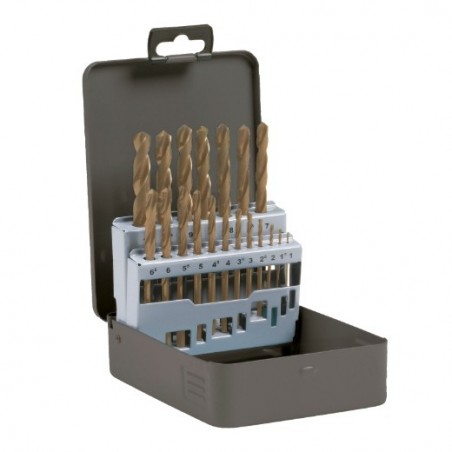 AMIG 13890  
 Estuche brocas HSSCO DIN 338 20203  
 Ø1-10 x 0,5  
 Acero rápido al cobalto  
 DIN 338