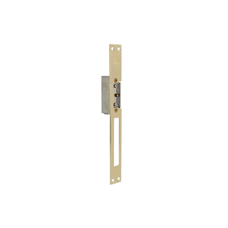 AMIG 14477  
 Cerradero eléctrico 21  
 250 x 25 x 3 mm  
 Acero  
 Latonado barnizado