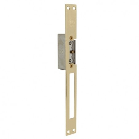 AMIG 14477  
 Cerradero eléctrico 21  
 250 x 25 x 3 mm  
 Acero  
 Latonado barnizado