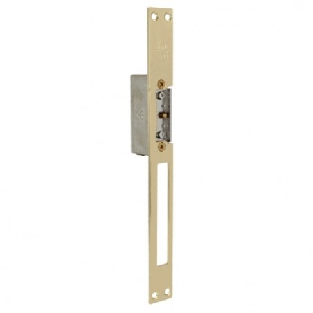 AMIG 14479  
 Cerradero eléctrico 31  
 250 x 25 x 3 mm  
 Acero  
 Latonado barnizado