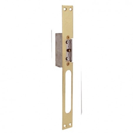 AMIG 14481  
 Cerradero eléctrico 41  
 250 x 25 x 3 mm  
 Acero  
 Latonado barnizado