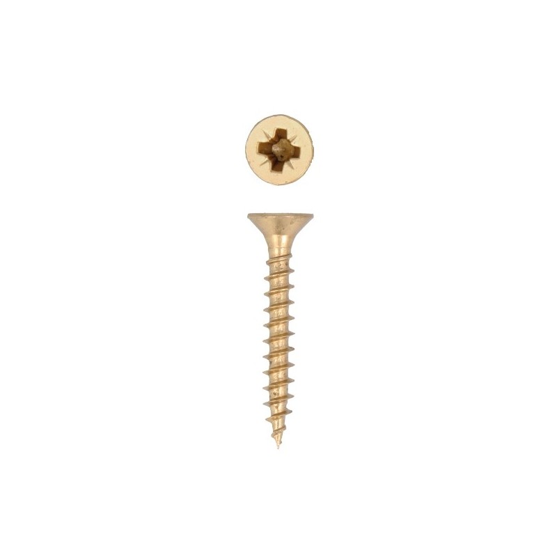 AMIG 16598  
 Tirafondo cabeza plana Pozidrive  
 Ø4 x 20 mm  
 Acero  
 Latonado