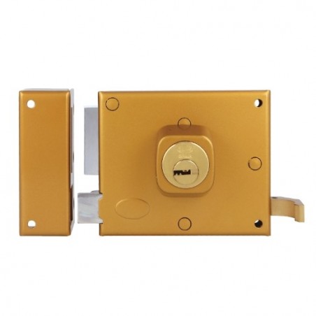 AMIG 19987  
 Cerradura sobreponer 72  
 100 x 85 mm  
 Acero  
 Esmaltado oro - Izquierda