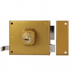 AMIG 19990  
 Cerradura sobreponer 73  
 100 x 85 mm  
 Acero  
 Esmaltado oro - Derecha