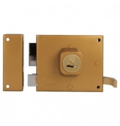 AMIG 19991  
 Cerradura sobreponer 73  
 100 x 85 mm  
 Acero  
 Esmaltado oro - Izquierda