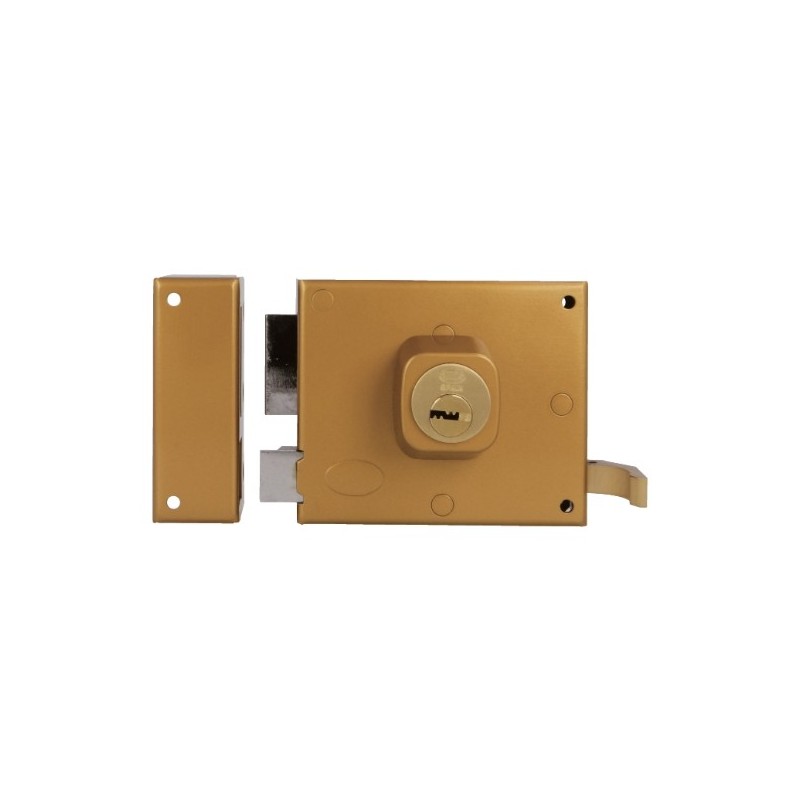 AMIG 19991  
 Cerradura sobreponer 73  
 100 x 85 mm  
 Acero  
 Esmaltado oro - Izquierda