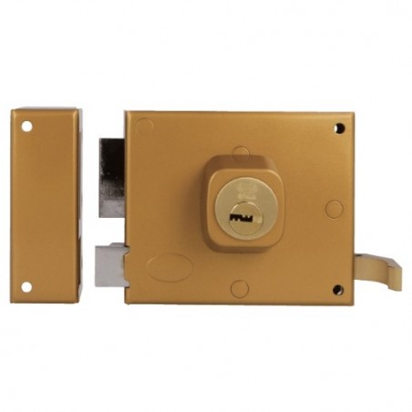 AMIG 19991  
 Cerradura sobreponer 73  
 100 x 85 mm  
 Acero  
 Esmaltado oro - Izquierda