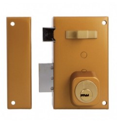 AMIG 19995  
 Cerradura sobreponer 75  
 67 x 112 mm  
 Acero  
 Esmaltado oro - Izquierda