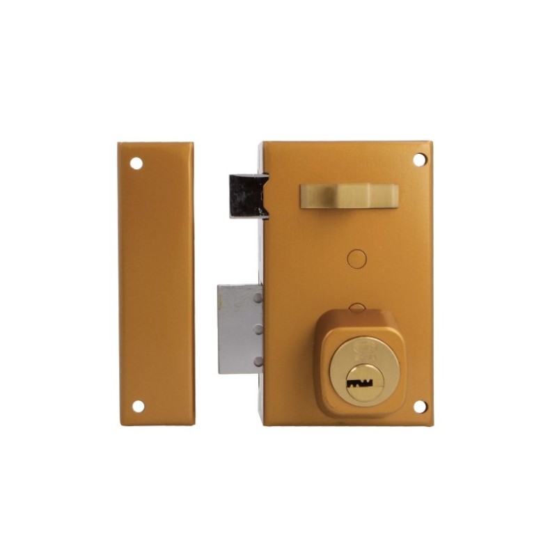 AMIG 19995  
 Cerradura sobreponer 75  
 67 x 112 mm  
 Acero  
 Esmaltado oro - Izquierda