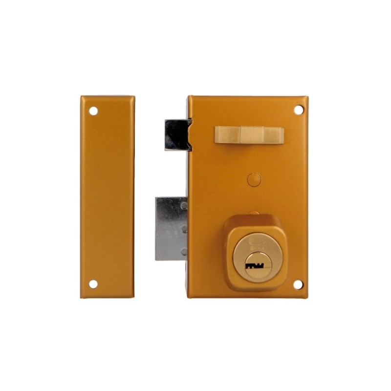 AMIG 19999  
 Cerradura sobreponer 76  
 67 x 112 mm  
 Acero  
 Esmaltado oro - Izquierda