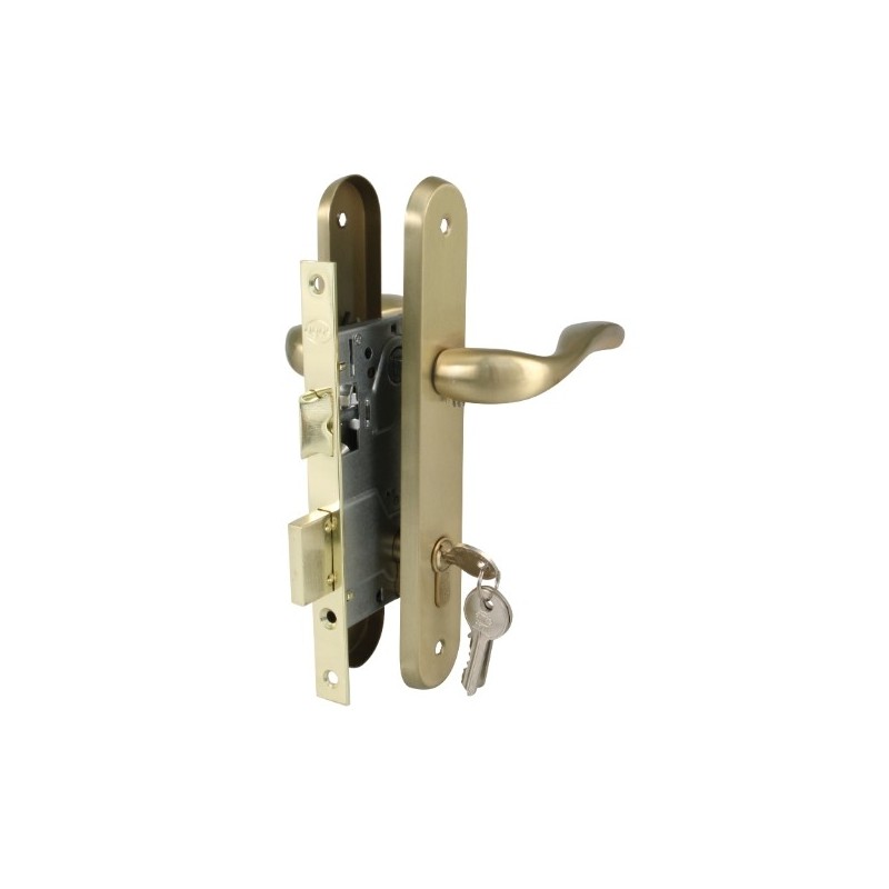 AMIG 20482  
 Kit cerradura + manilla  
 Latonado barnizado