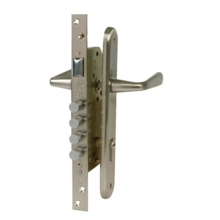 AMIG 20926  
 Kit cerradura madera + manilla 1-3  
 Cromado mate
