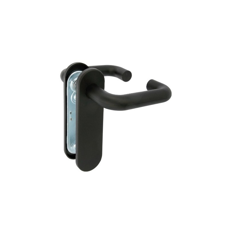 AMIG 21282  
 Manilla con placa 3P  
 172 x 46 mm  
 Acero + polipropileno  
 Negro