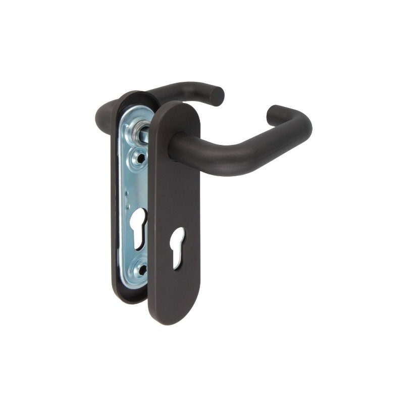 AMIG 21283  
 Manilla con placa 3PB72  
 172 x 46 mm  
 Acero + polipropileno  
 Negro
