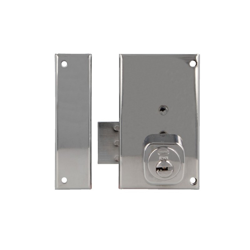 AMIG 22399  
 Cerradura sobreponer 75P  
 67 x 112 mm  
 Acero  
 Cromado brillo - Izquierda