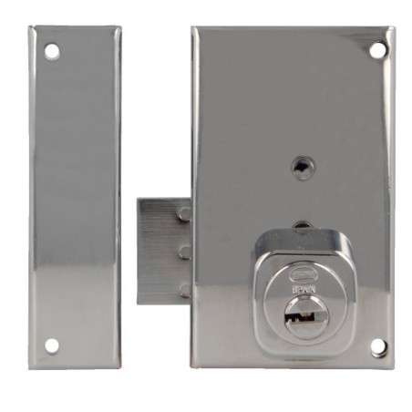 AMIG 22399  
 Cerradura sobreponer 75P  
 67 x 112 mm  
 Acero  
 Cromado brillo - Izquierda
