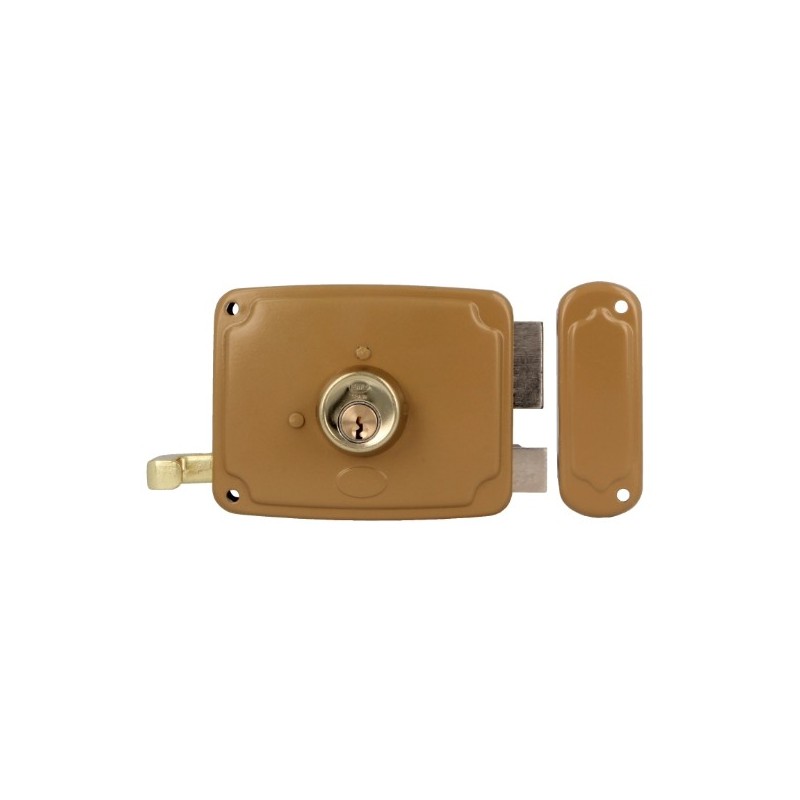 AMIG 22566  
 Cerradura sobreponer 72U  
 120 x 95 mm  
 Acero  
 Esmaltado oro - Derecha