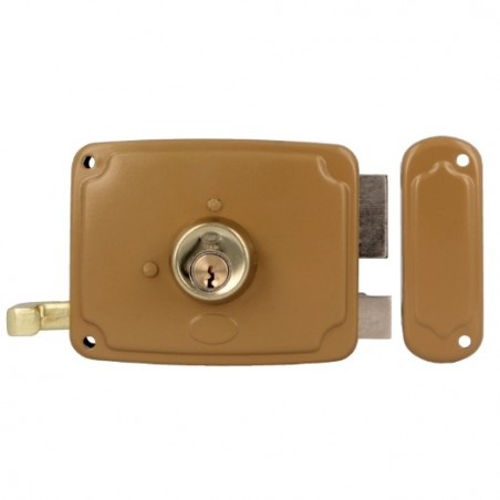 AMIG 22566  
 Cerradura sobreponer 72U  
 120 x 95 mm  
 Acero  
 Esmaltado oro - Derecha