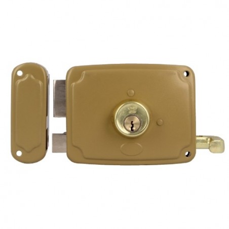 AMIG 22567  
 Cerradura sobreponer 72U  
 120 x 95 mm  
 Acero  
 Esmaltado oro - Izquierda