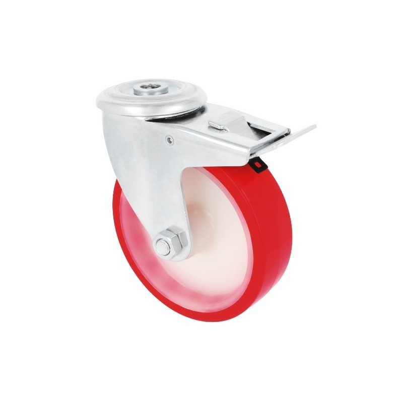 AMIG 23046  
 Rueda con agujero y freno 2541  
 Ø125 mm  
 Poliuretano  
 Rojo