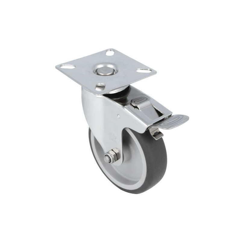 AMIG 23331  
 Rueda con pletina y freno 2560  
 Ø100 mm  
 Acero inoxidable 18/8  
 Gris
