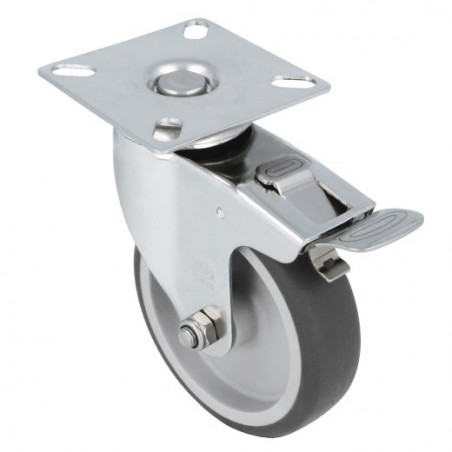 AMIG 23331  
 Rueda con pletina y freno 2560  
 Ø100 mm  
 Acero inoxidable 18/8  
 Gris