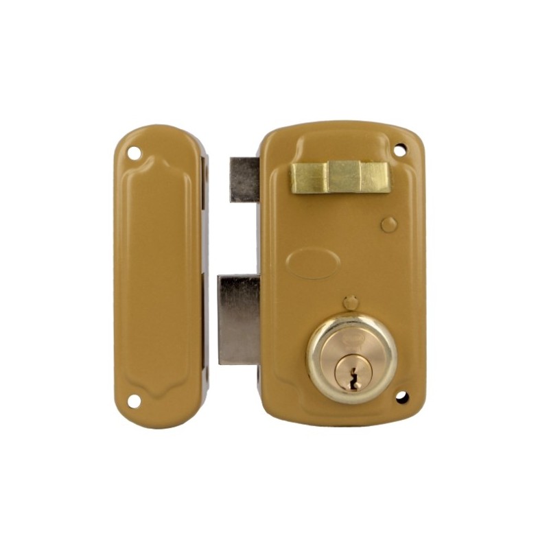 AMIG 23543  
 Cerradura sobreponer 75U  
 66 x 120 mm  
 Acero  
 Esmaltado oro - Izquierda