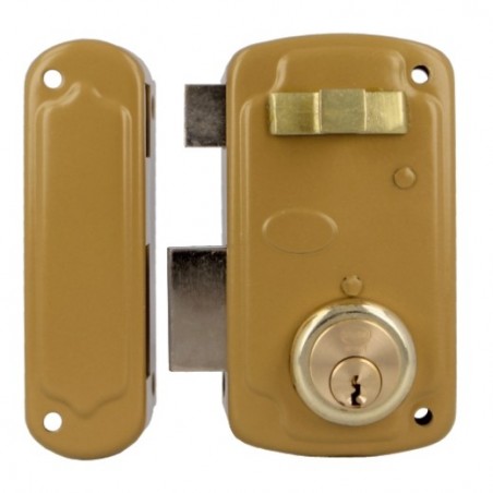 AMIG 23543  
 Cerradura sobreponer 75U  
 66 x 120 mm  
 Acero  
 Esmaltado oro - Izquierda