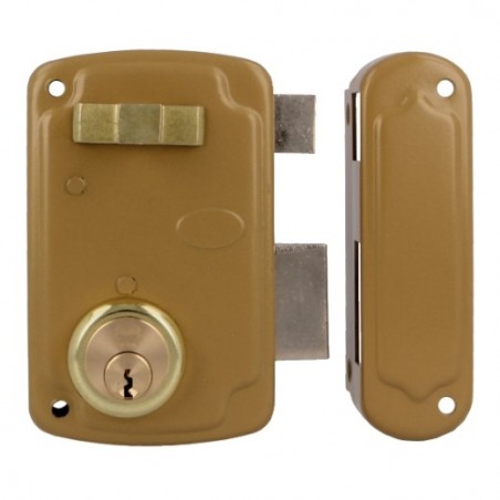 AMIG 23544  
 Cerradura sobreponer 75U  
 76 x 120 mm  
 Acero  
 Esmaltado oro - Derecha