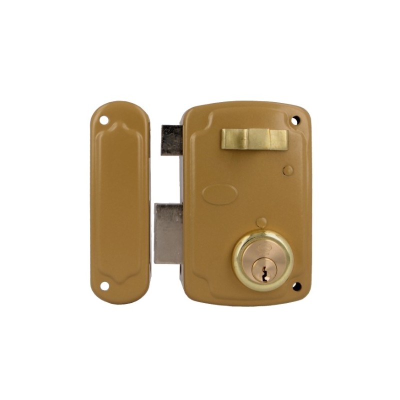 AMIG 23545  
 Cerradura sobreponer 75U  
 76 x 120 mm  
 Acero  
 Esmaltado oro - Izquierda