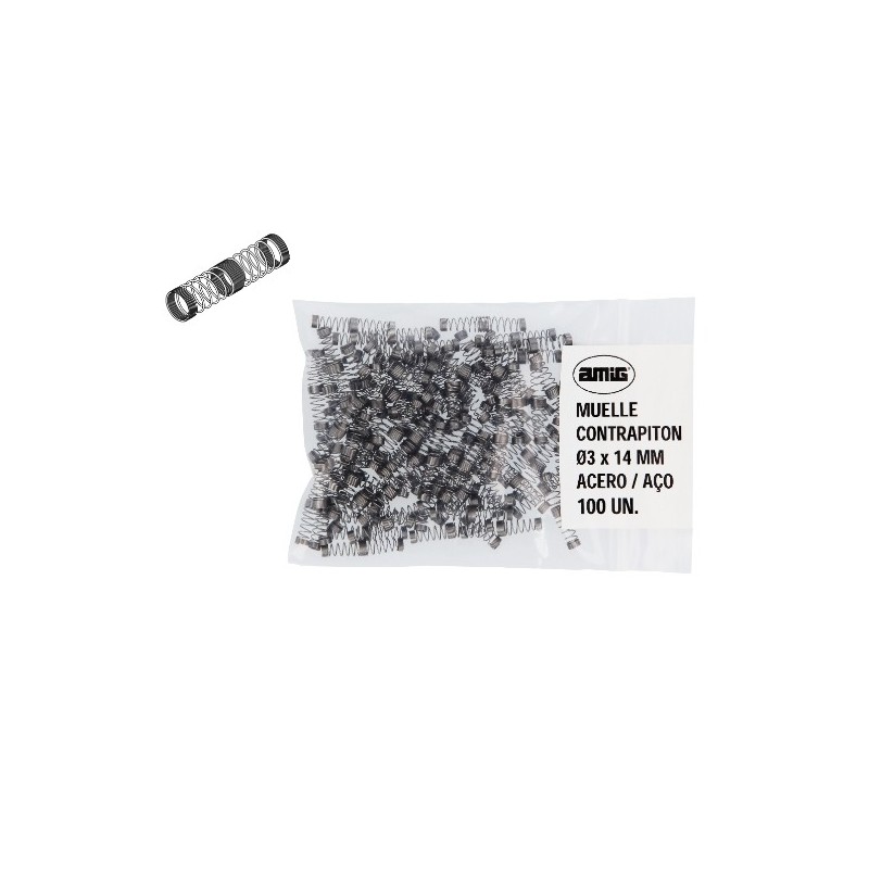 AMIG 23703  
 Muelle contrapitón corto 1  
 Ø2,5 x 9 mm  
 Acero inoxidable