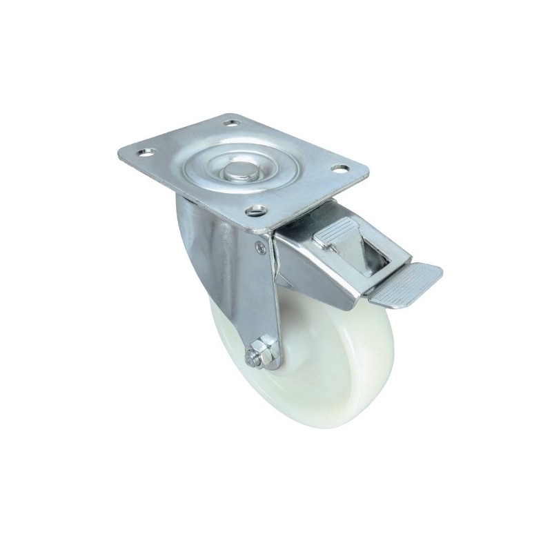 AMIG 24266  
 Rueda con pletina y freno 2550  
 Ø150 mm  
 Nylon  
 Blanco
