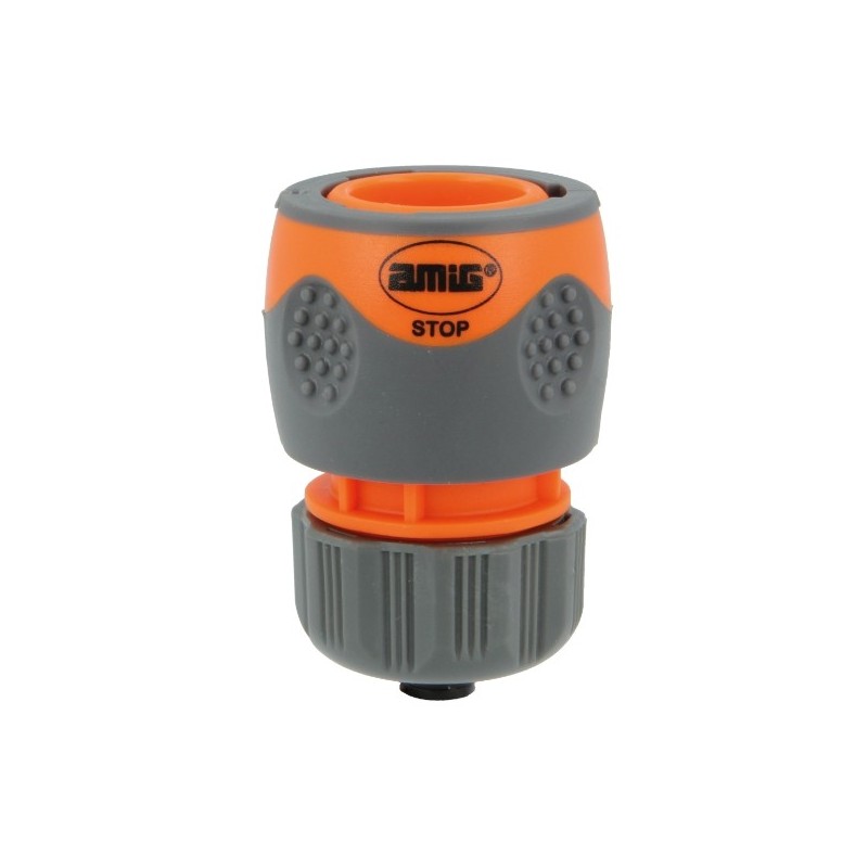 AMIG 24359  
 Empalme rápido manguera R09 STOP PLUS  
 1/2''  
 ABS + goma  
 Naranja-Gris