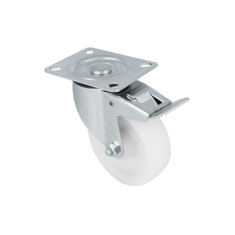 AMIG 24618  
 Rueda con pletina y freno 2550  
 Ø200 mm  
 Nylon  
 Blanco