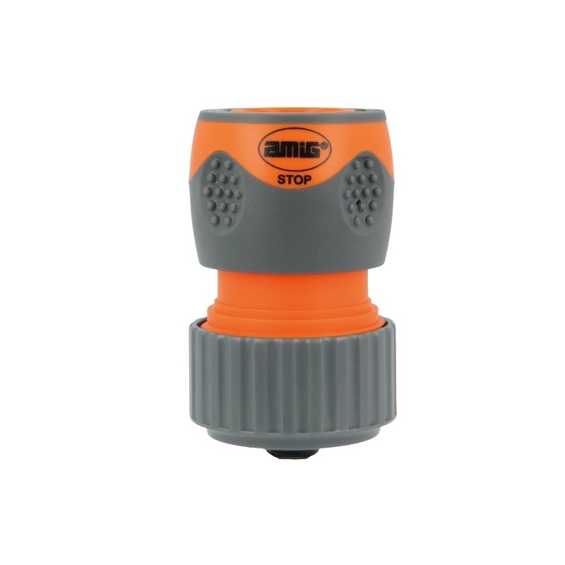 AMIG 24761  
 Empalme rápido manguera R09 STOP PLUS  
 1/2''  
 ABS + goma  
 Naranja-Gris