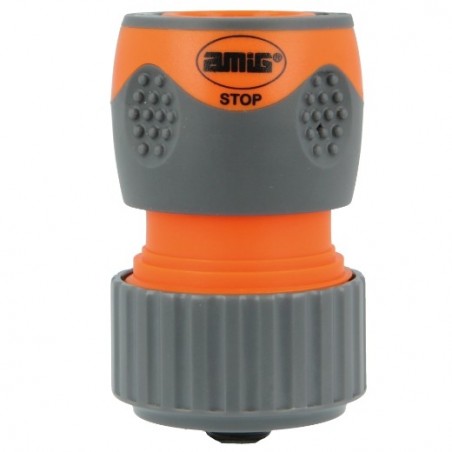 AMIG 24761  
 Empalme rápido manguera R09 STOP PLUS  
 1/2''  
 ABS + goma  
 Naranja-Gris