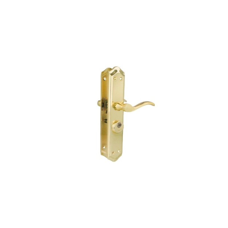 AMIG 24831  
 Manilla con placa ALFA+MULET 46  
 242 x 44 mm  
 Acero  
 Latonado - Derecha