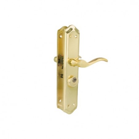 AMIG 24832  
 Manilla con placa ALFA+MULET 46  
 242 x 44 mm  
 Acero  
 Latonado - Izquierda