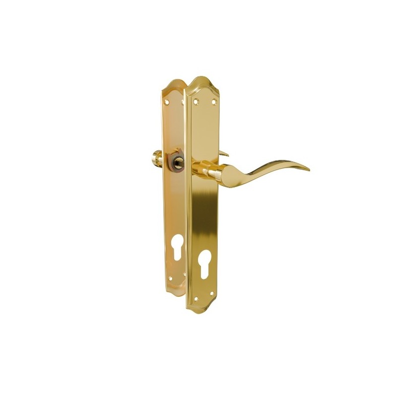 AMIG 24989  
 Manilla con placa BETA PB85  
 256 x 48 mm  
 Acero  
 Latonado mate